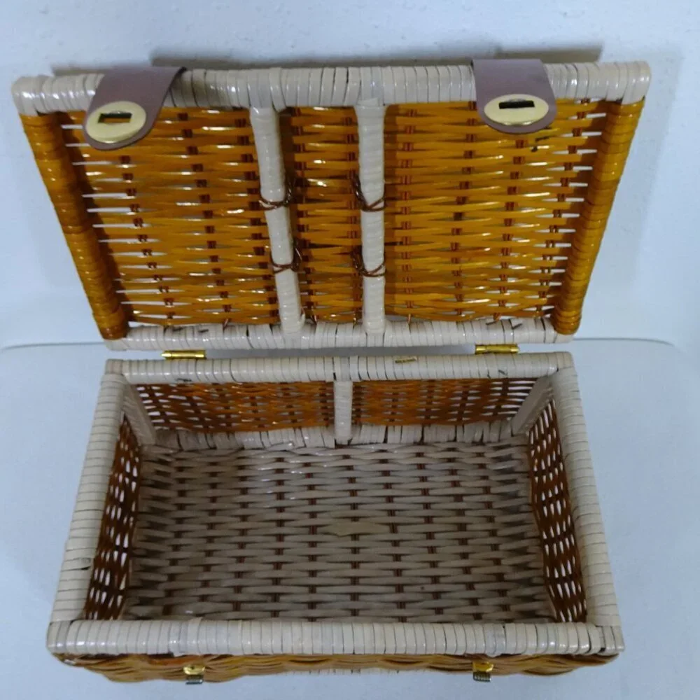 Vintage Wicker Sewing Basket Rectangle Hinged Double Clasp 14x8x7